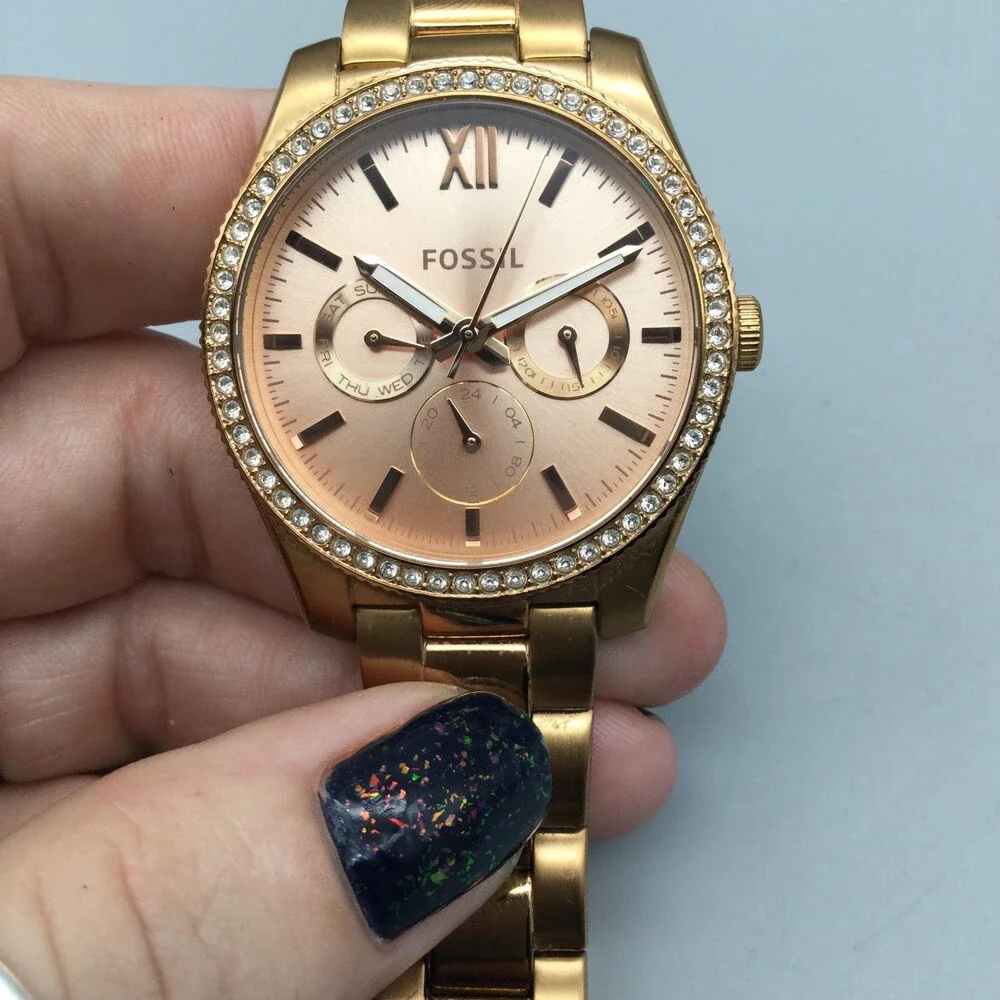 Fossil Womens Watch 38mm Rose Gold Tone Crystals Day Date New Battery 6.75